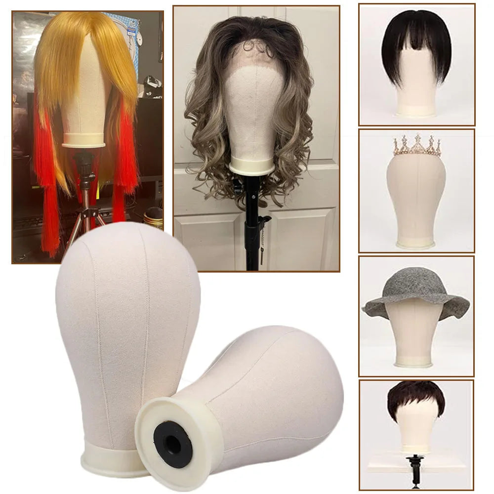 Canvas Block Head Set for Wig Display Making Hair Weave and Styling Mannequin Head with Mount Hole C Stand, Styling Hair Clips