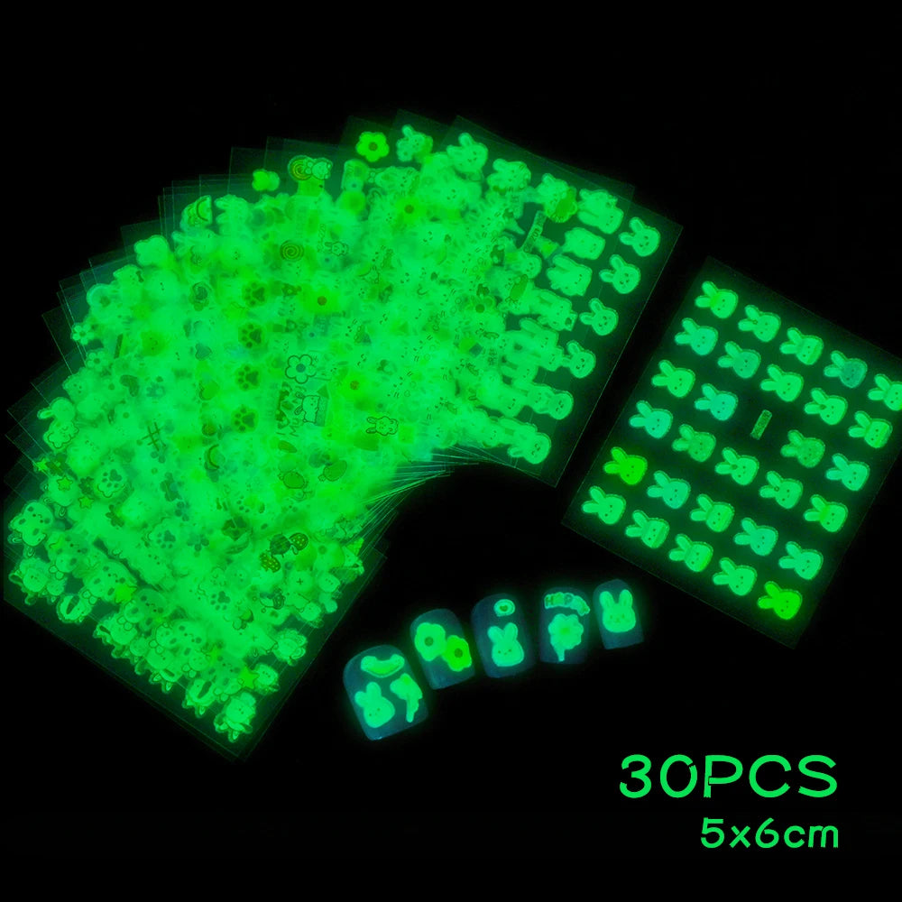 30pcs/set  Easter Luminous Children's Rabbit Nail Stickers Glow in the Dark Cute Flower Nail Decals Adhesive Kawaii Kids Sticker