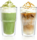 KEMORELA 2PCS Borosilicate 473ML Double Wall Tumbler Glass Coffee Mugs with Striped Design for Iced  Coffee,Bubble Tea and Juice