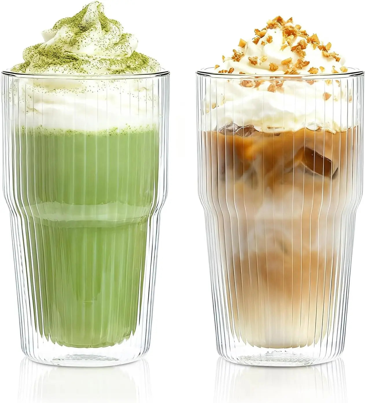 KEMORELA 2PCS Borosilicate 473ML Double Wall Tumbler Glass Coffee Mugs with Striped Design for Iced  Coffee,Bubble Tea and Juice
