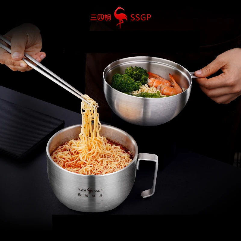 3 in 1 304 Stainless Steel Instant Noodle Bowl LFGB Certification 1100ml Ramen Bowl with 800ml Cover Heat Insulation Dinerware