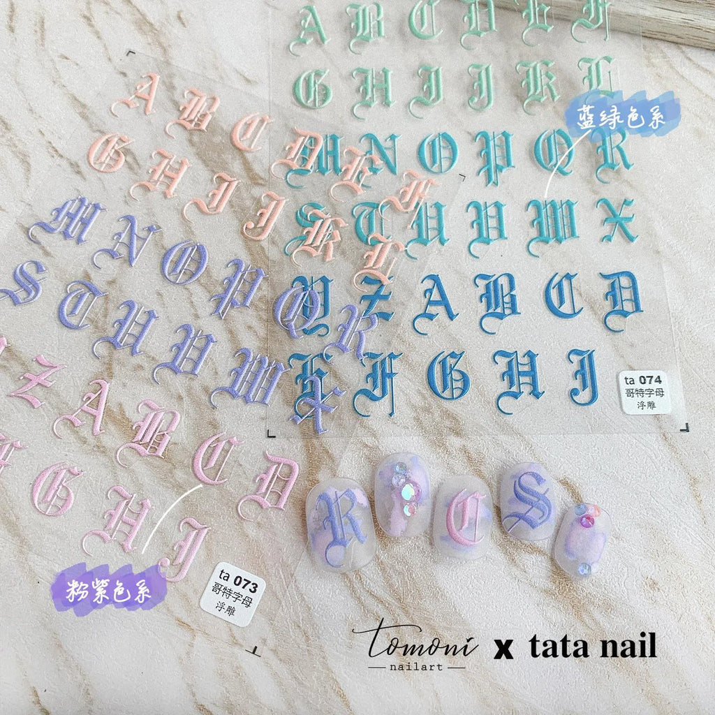 Gothic black and white English letters 5D embossed self-adhesive exquisite nail art stickers high quality nail decoration