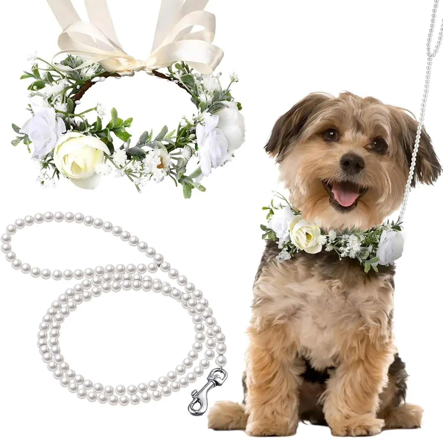 Dog Flower Collar and Leash Set for Dogs 120 cm Pearls Beaded Dog Leash Dog Collars for Wedding Attire Wreath Pet Photo Prop