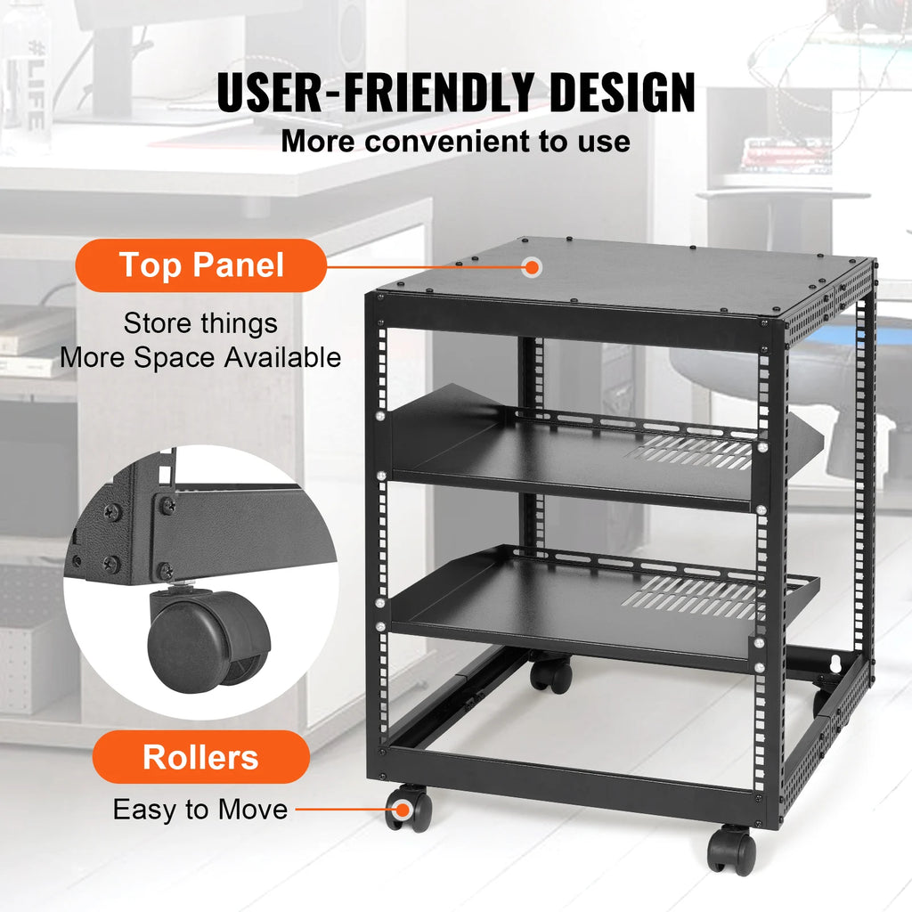 VEVOR Open Frame Server Rack 12U/15U/ 20U Floor Standing or Wall Mounted with Adjustable Depth for Microdata Center Office Use