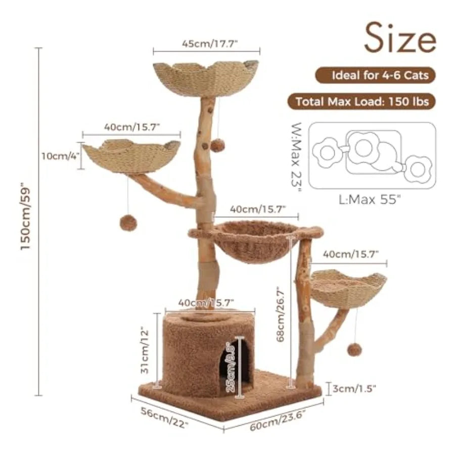 Large Cat Tree for Indoor Cats 59 Inches Modern Furniture with 3 Large Baskets Natural Solid Wood Luxury Condo and Hammock Brow