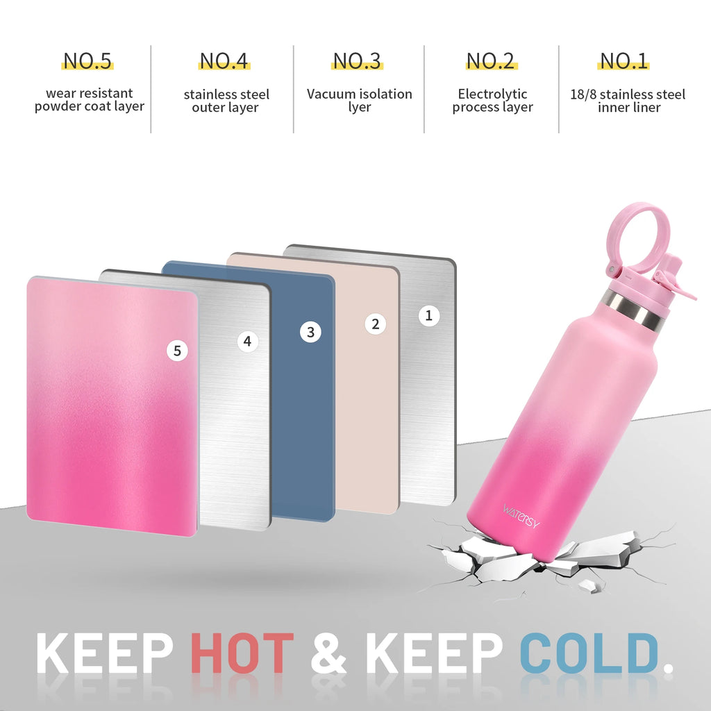 WATERSY 500ml Stainless Steel Water Bottle with Handle & Straw, Double Wall Insulated Thermal Cup, Vacuum Flask for Sports
