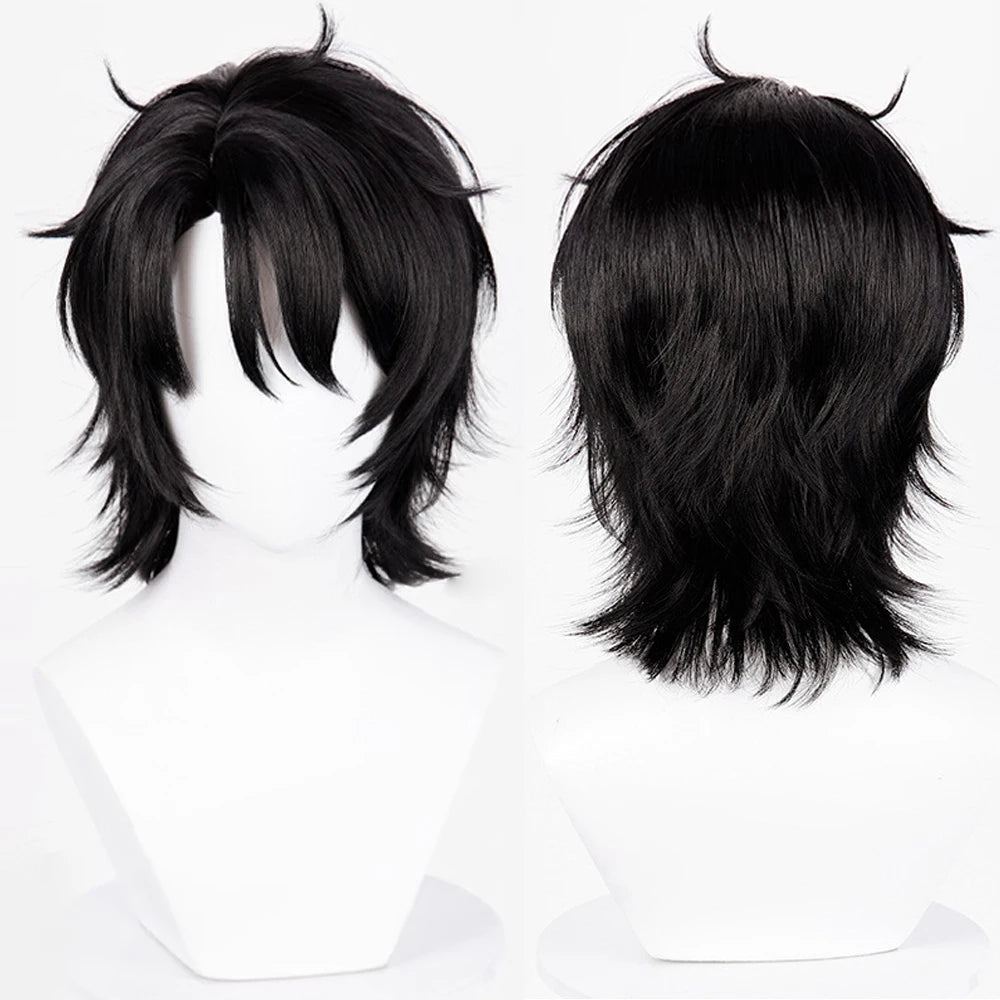 Short Straight Black Fluffy Synthetic Wig Anime Game Cosplay Men Heat Resistant Wig for Daily Party