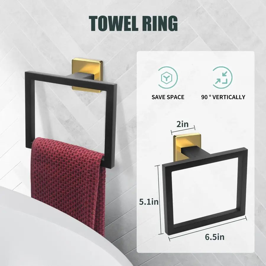 Piece Black and Gold Towel Bar Set Gold and Black Bathroom Accessories with 2 Towel Hook, Stainless Steel Wall Mounted Bathroom