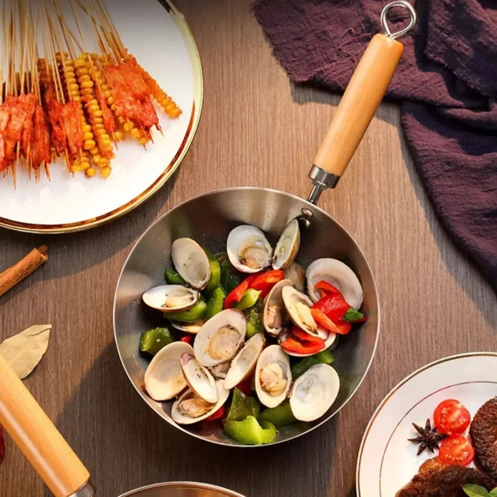 Small Wok Frying Pan 430 Stainless Steel Uncoated Non-Stick Skillet for Home Kitchen Induction Cooker & Gas Stove Use
