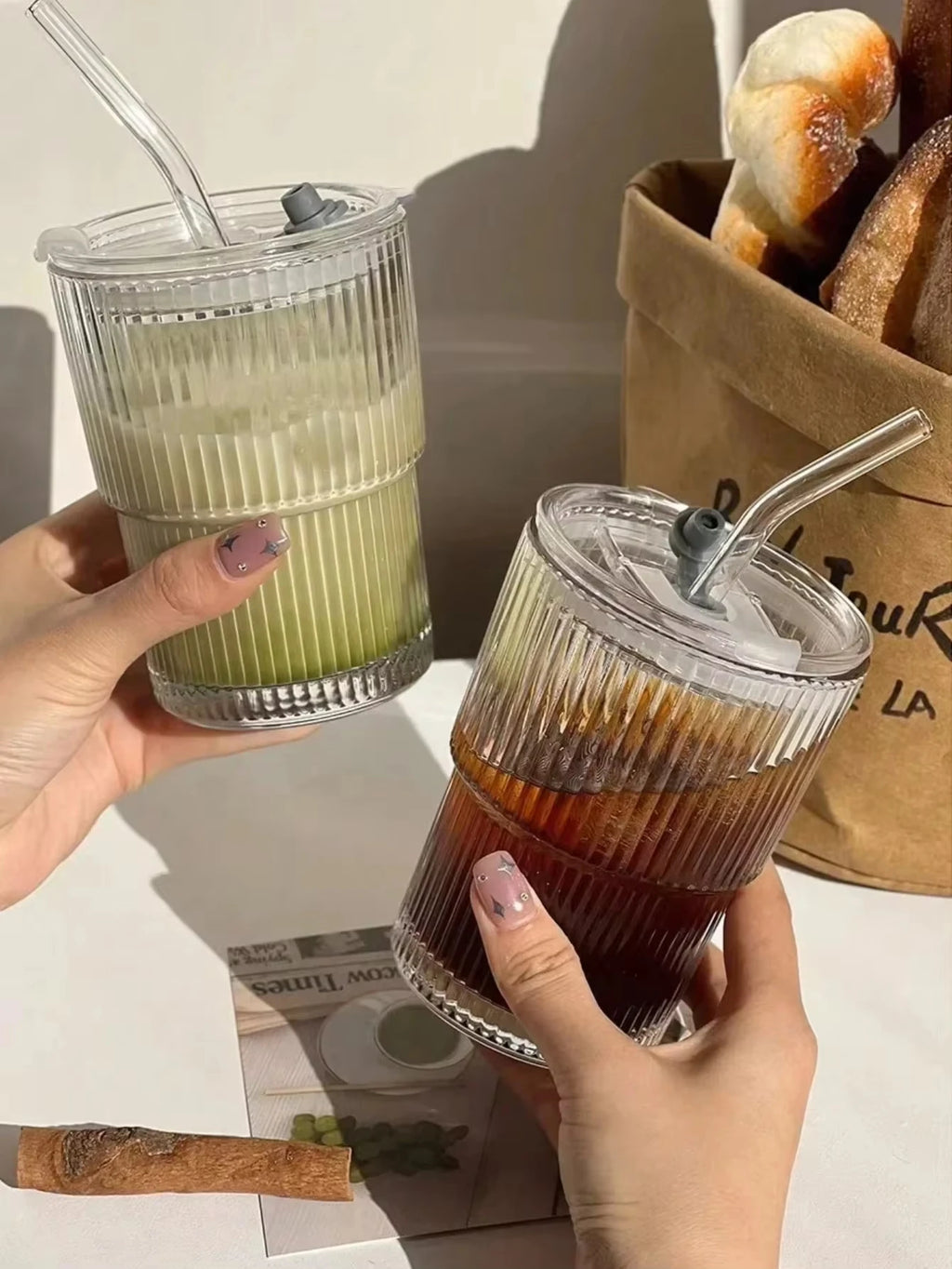 450MLTransparent Glass Coffee Mug with Lid and Straw, Stylish Vertical Stripes Design, Perfect for Iced Americano Latte Milk Tea