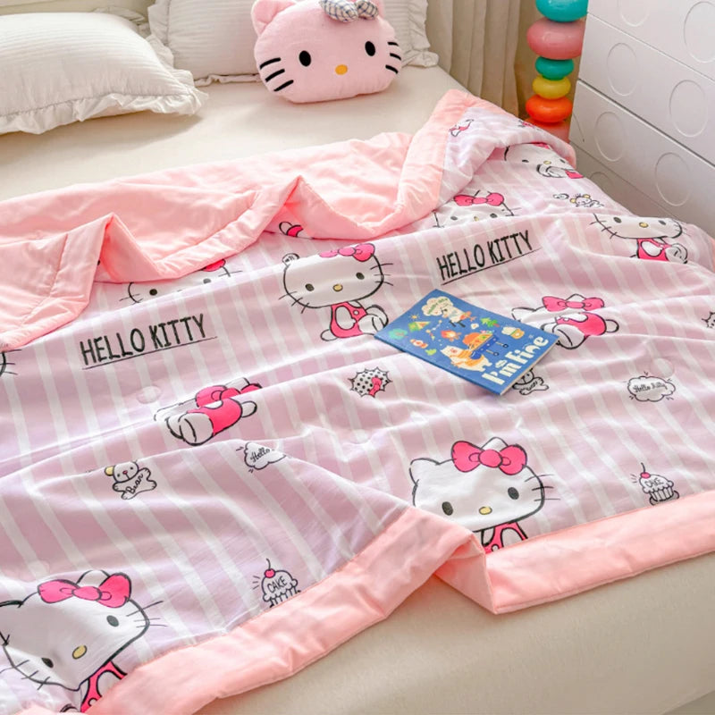 Sanrio Cartoon Air Conditioning Blanket Hello Kitty Kuromi Anime Child Washed Cotton Summer Quilt Cute Comfortable Nap Blanket