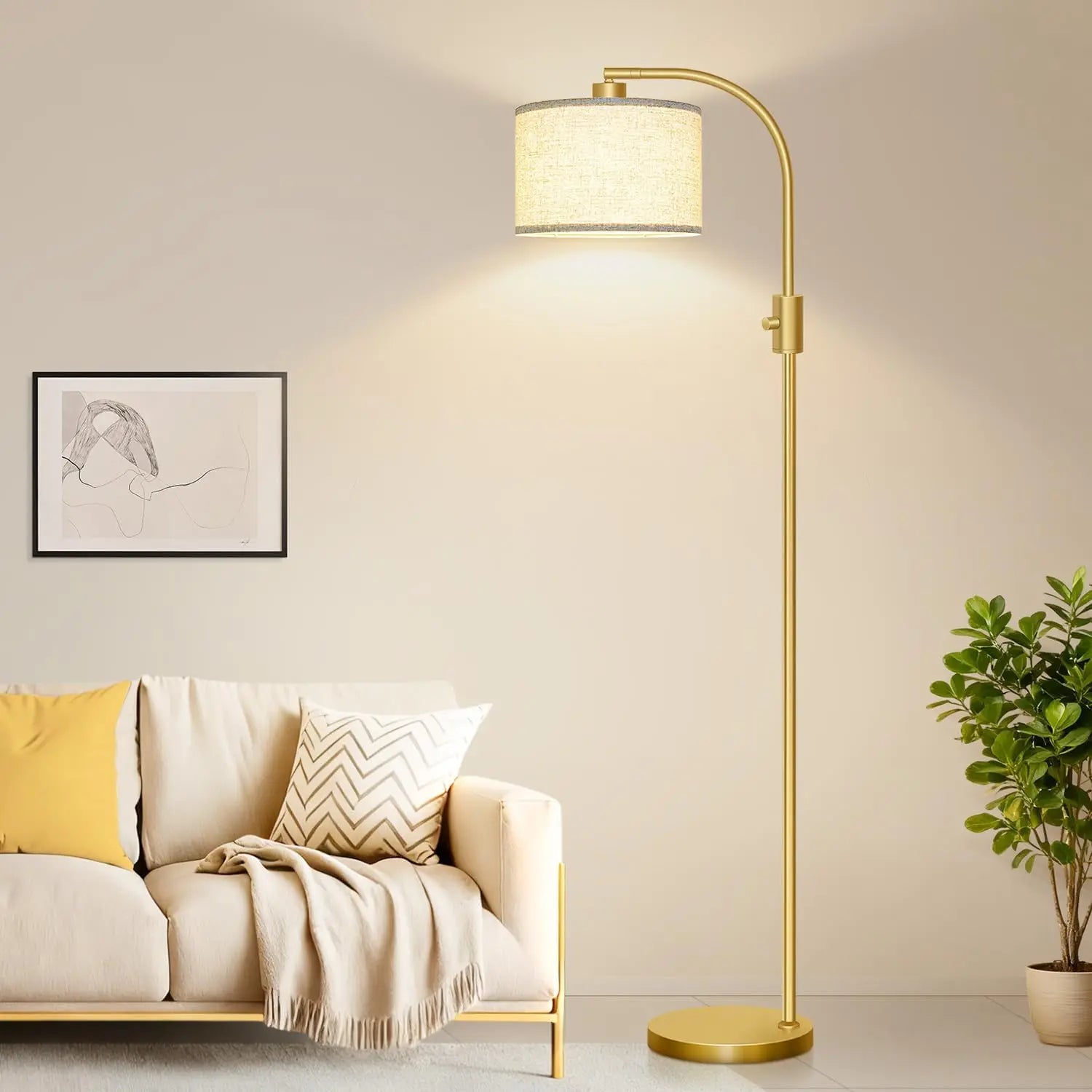 Modern Arc Dimmable Floor Lamp with Linen Shade, 1200 Lumens LED Bulb Included, Gold Finish for Living Room & Bedroom