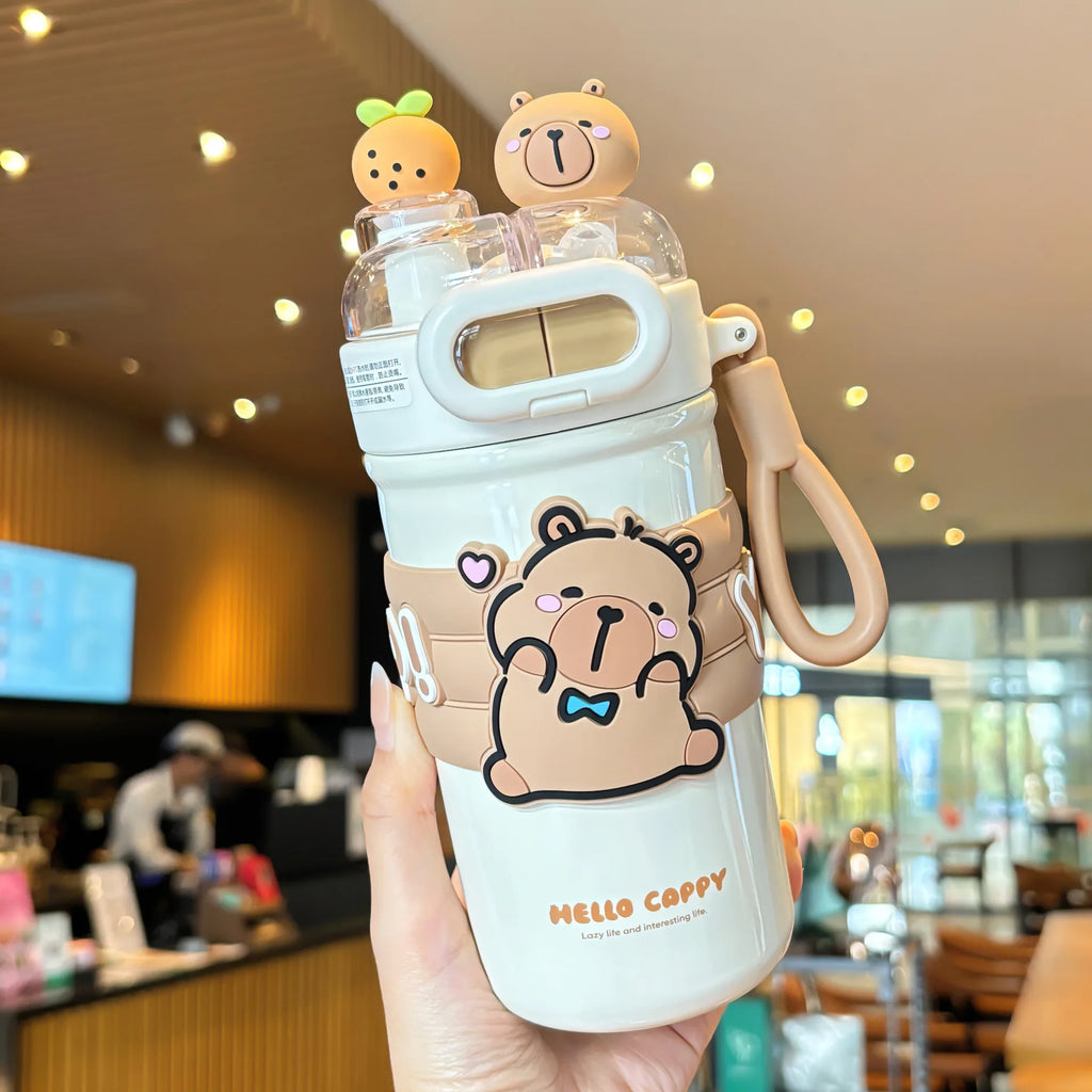 520ml Capybara Simplicity 316 Stainless Steel Vacuum Cup With Straw Strap Double Drink Portable Student Water Bottle