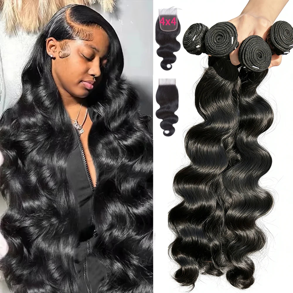 16A Brazilian Body Wave Bundles With 4x4 Lace Closure Human Hair 30 40 Inch 100% Raw Unprocessed Human Hair Extensions Bundles
