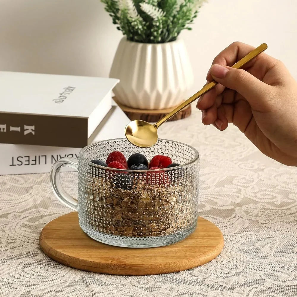 4pcs/Set Vintage Coffee Mugs Containers with Bamboo Lids and Spoons 14oz Clear Embossed Glass Cups for Birthday Christmas Party