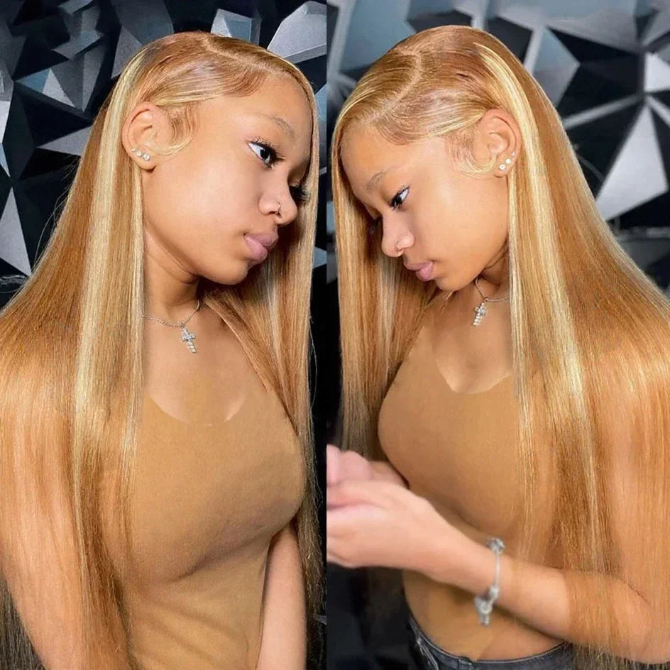 13X6 Ombre Honey Blonde Lace Frontal Wigs Highlight Bone Straight Hd Synthetic Ombre 613 Blonde Colored Front Wig For Women