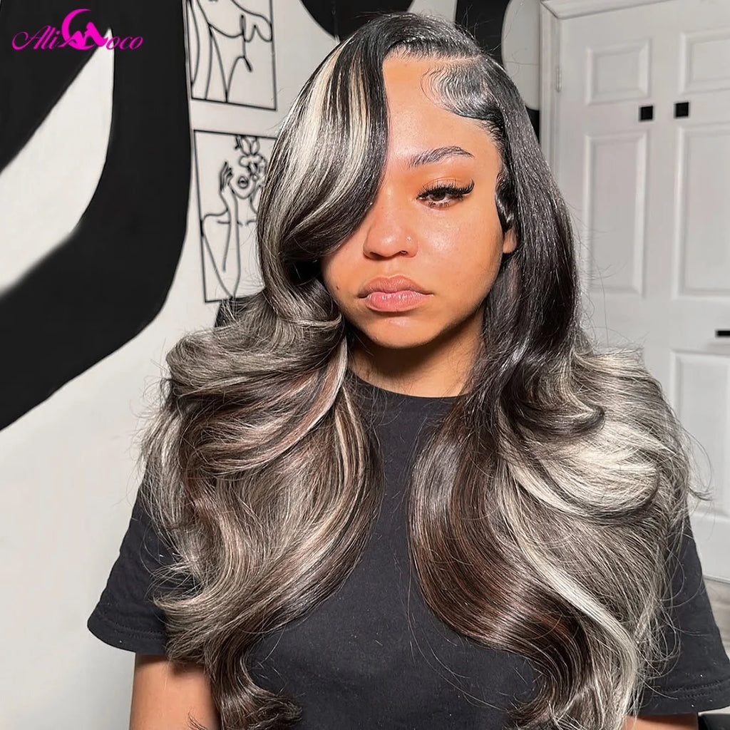 Highlight Ash Blonde and Black Body Wave Wig Human Hair 13X4 13x6 Body Wave Lace Frontal Human Hair Wigs Pre plucked 180 Density