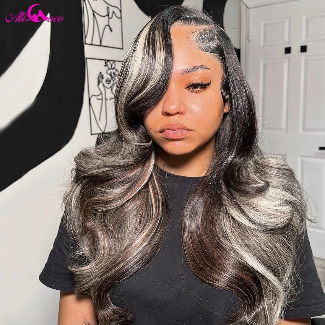 Highlight Ash Blonde and Black Body Wave Wig Human Hair 13X4 13x6 Body Wave Lace Frontal Human Hair Wigs Pre plucked 180 Density