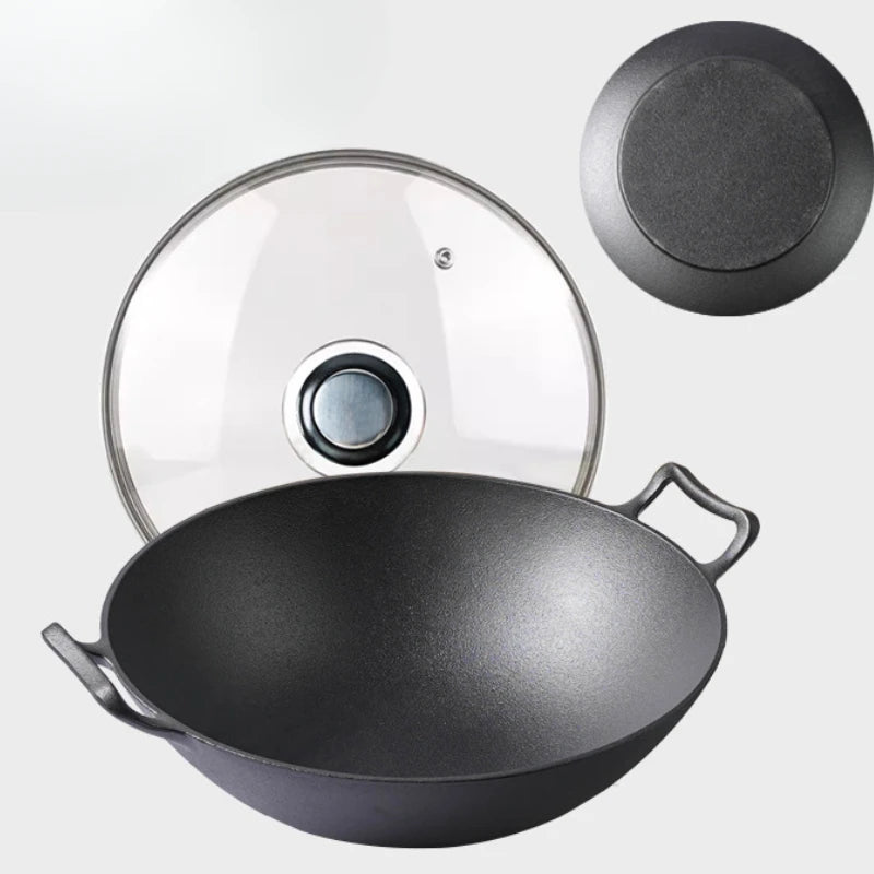 Traditional Thickened Double Ear Cast Iron Pot with Old-style round Bottom Large Household Non-coated Non-stick Raw Iron Pan