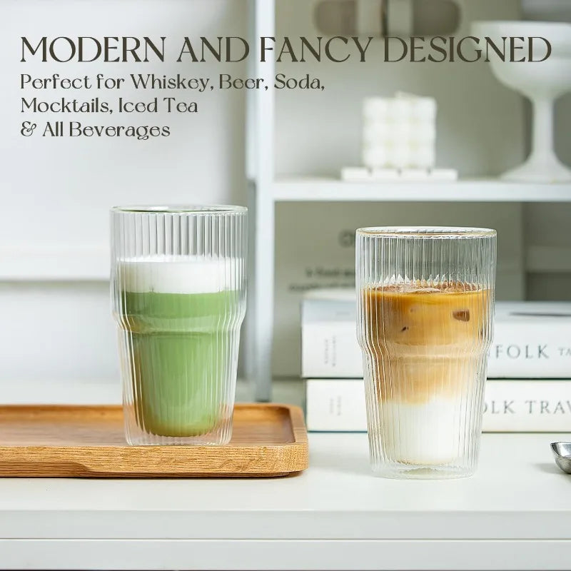 KEMORELA 2PCS Borosilicate 473ML Double Wall Tumbler Glass Coffee Mugs with Striped Design for Iced  Coffee,Bubble Tea and Juice