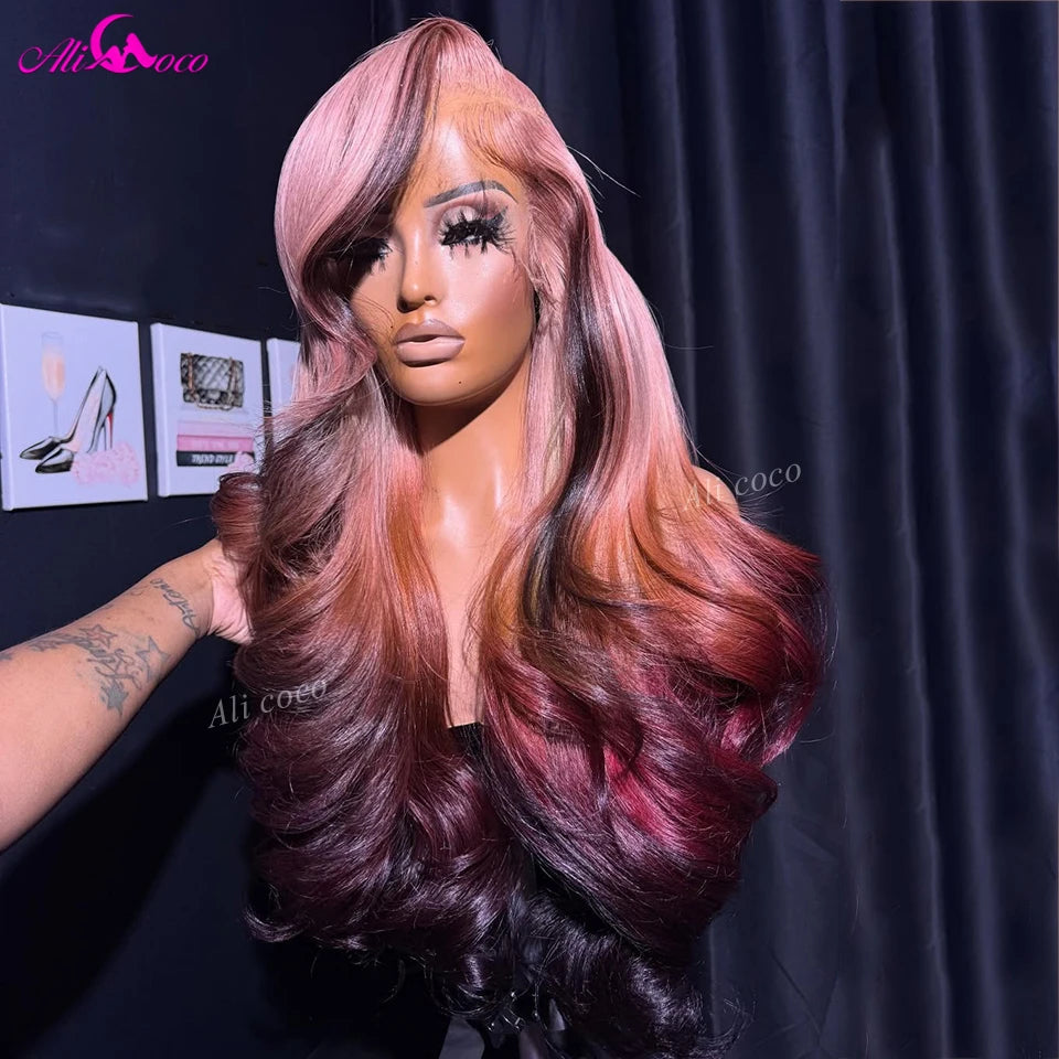 13x6 Lace Front Wigs Ombre Pink and Burgundy Colored 180 Density Body Wave Human Hair Wig Pre Plucked for Women