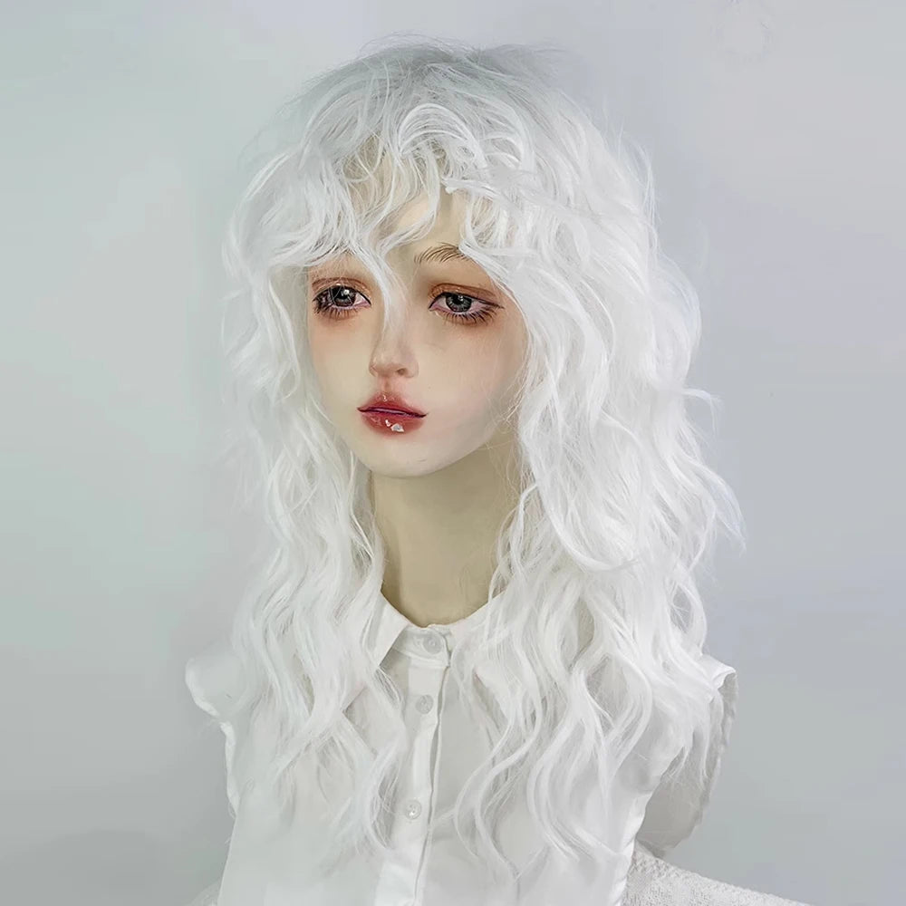 Long Wavy Curly White Synthetic Wig with Bangs Heat Resistant  Women Fluffy Lolita Cosplay Wig for Daily Party