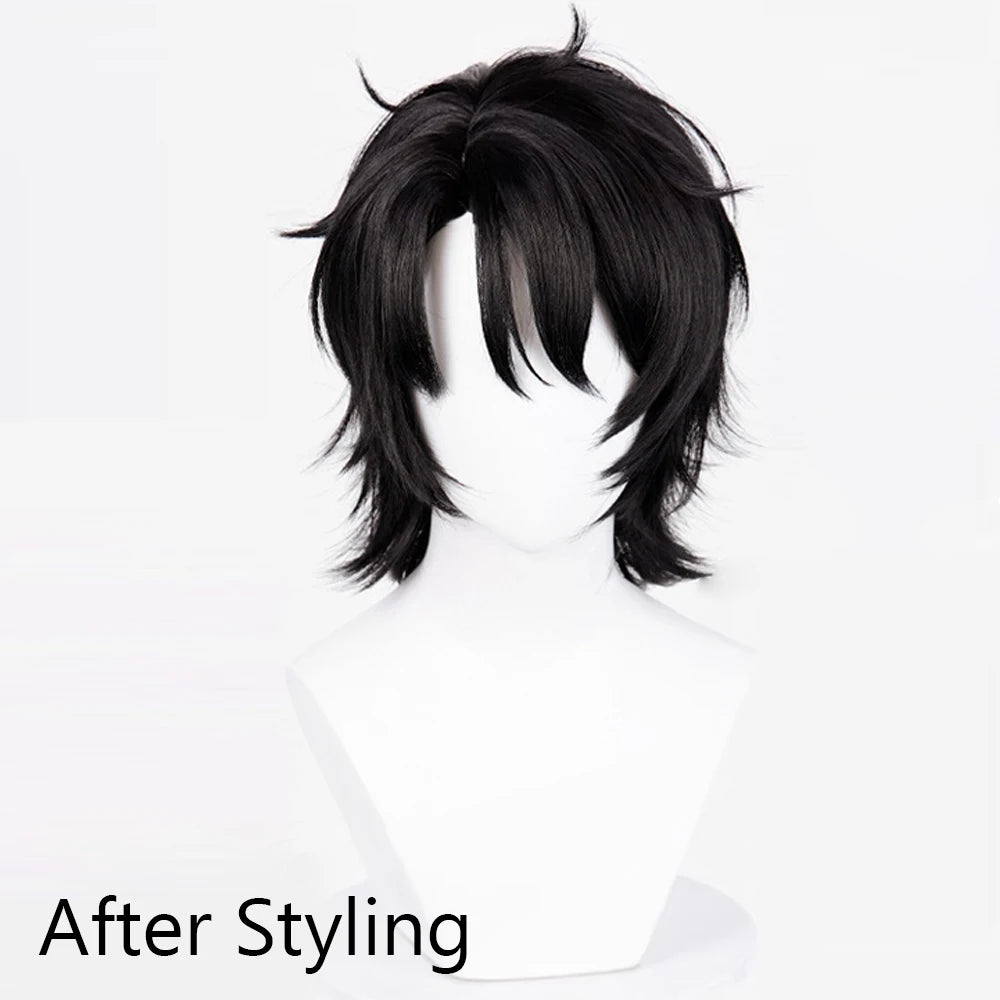 Short Straight Black Fluffy Synthetic Wig Anime Game Cosplay Men Heat Resistant Wig for Daily Party