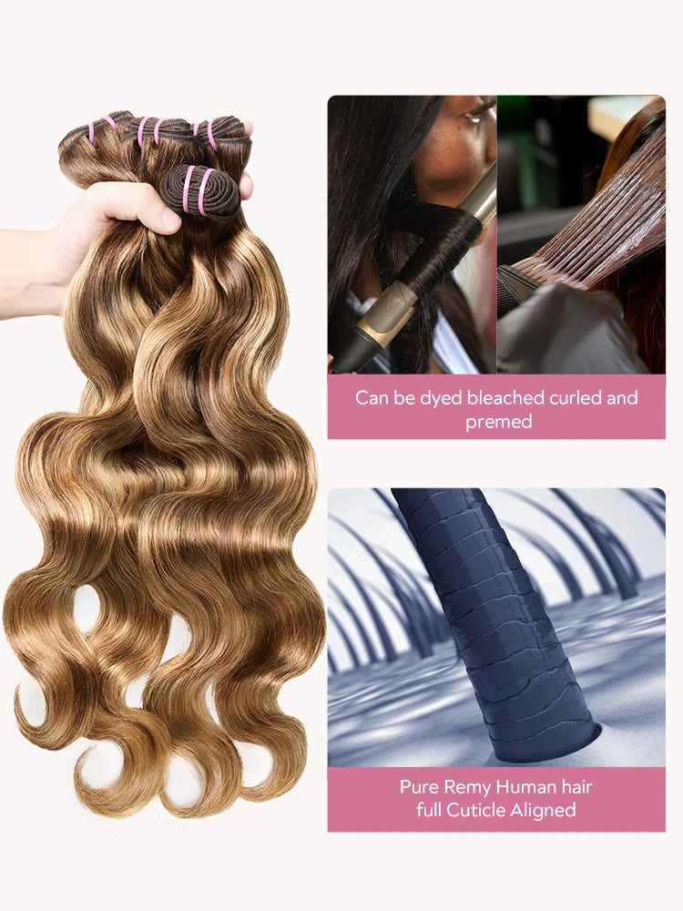 Ombre Highlight Body Wave Hair Bundles 22 24 26 28 Inch Remy Hair Extensions 4/27 Colored 100% Human Hair Brazilian Hair Weave