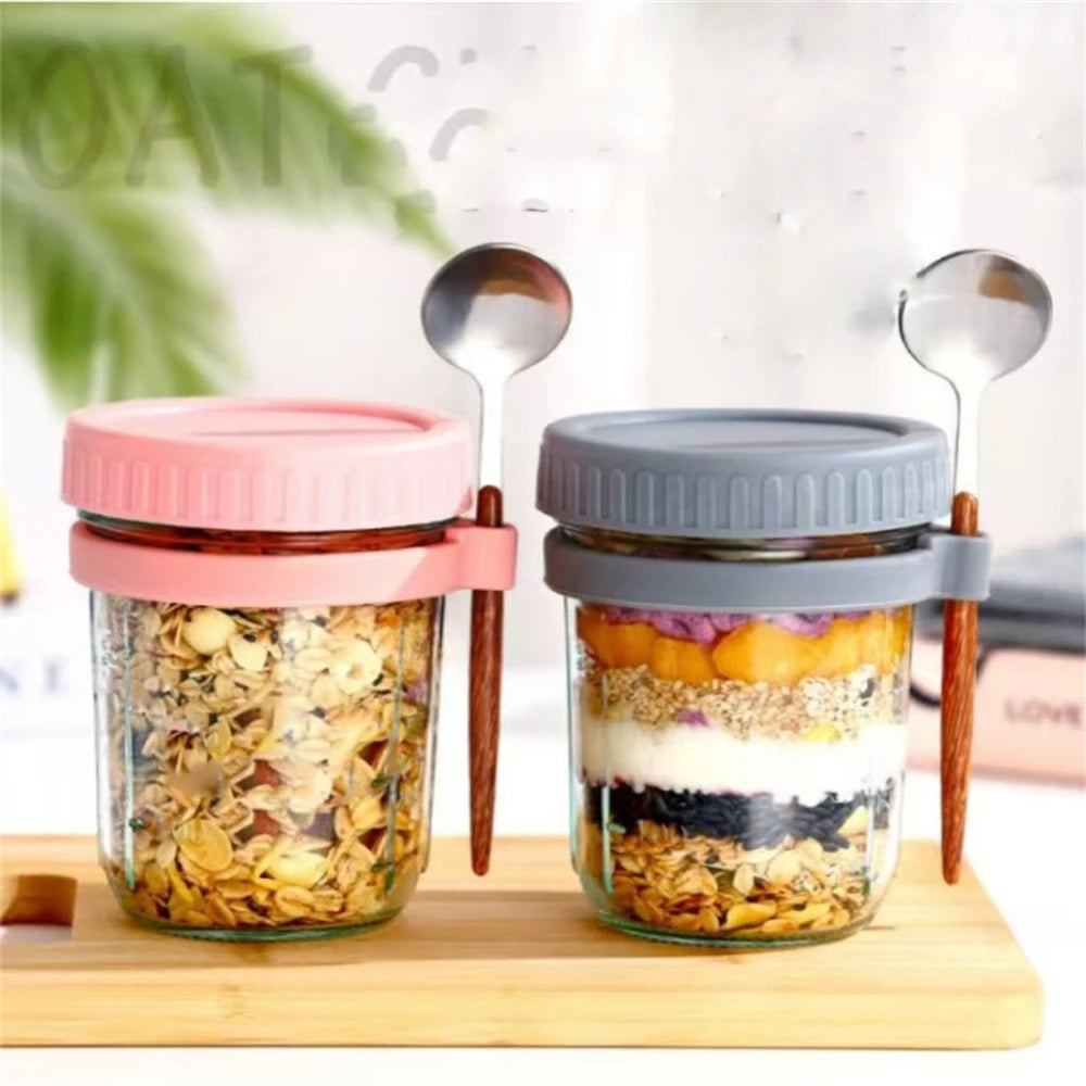 1Set Cup 350ML Overnight Oat Cup Glass With Lid And Spoon Seal Food Breakfast Cup Portable Cereal Milk Salad Yogurt Cup Kitchen