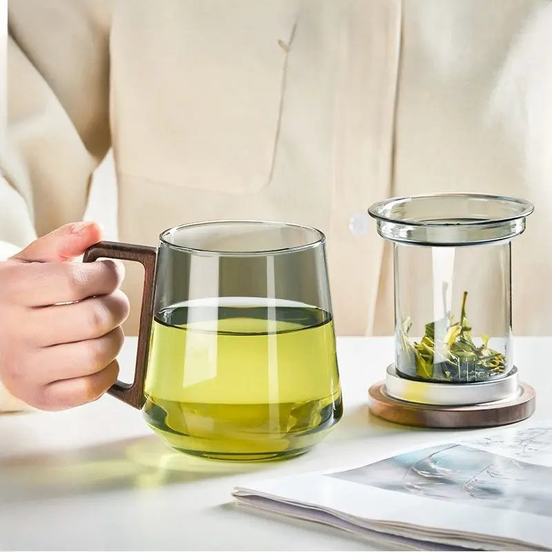 Clear Teacup with Filter, Heat-Resistant Glass Boiling Tea Cup, Office Mugs, Drinkware with Infuser, Teaware, Wood Handle