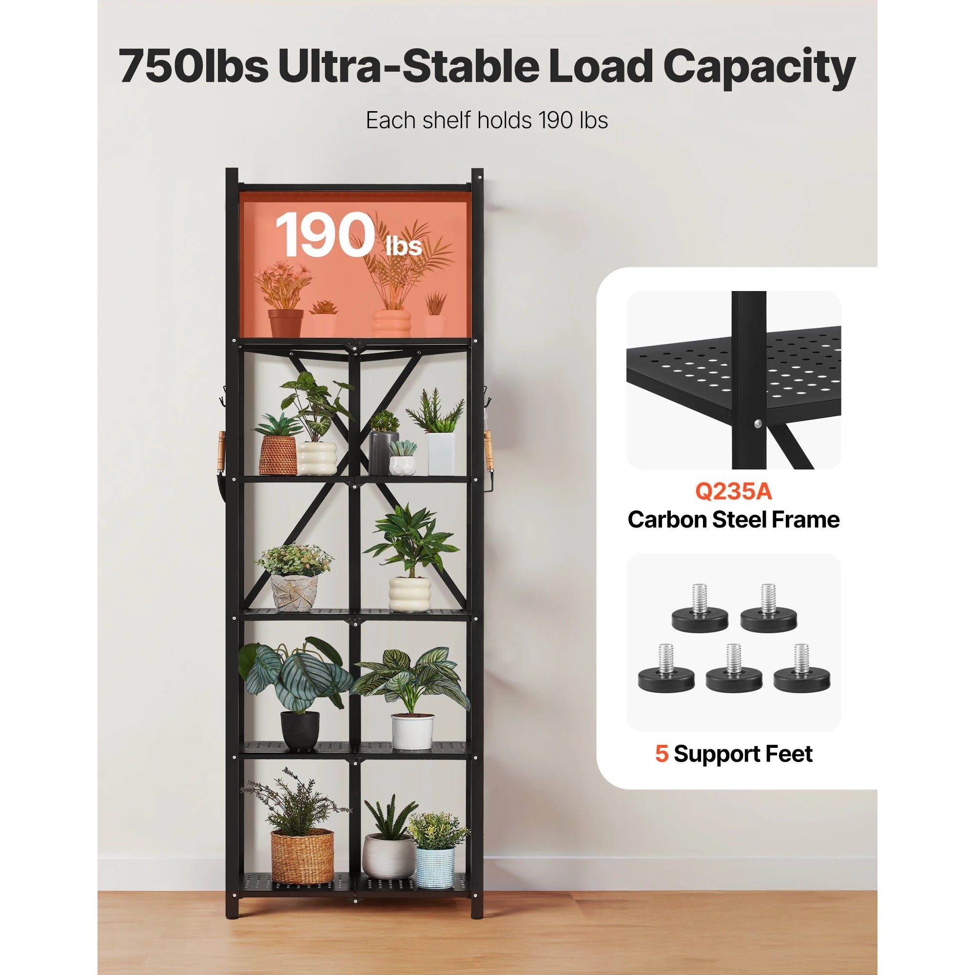SucceBuy 6/5/4/3 Tier Black Foldable Storage Shelf with Wheels Folding Metal Rack Shelving Unit Organizer for Garage Kitchen