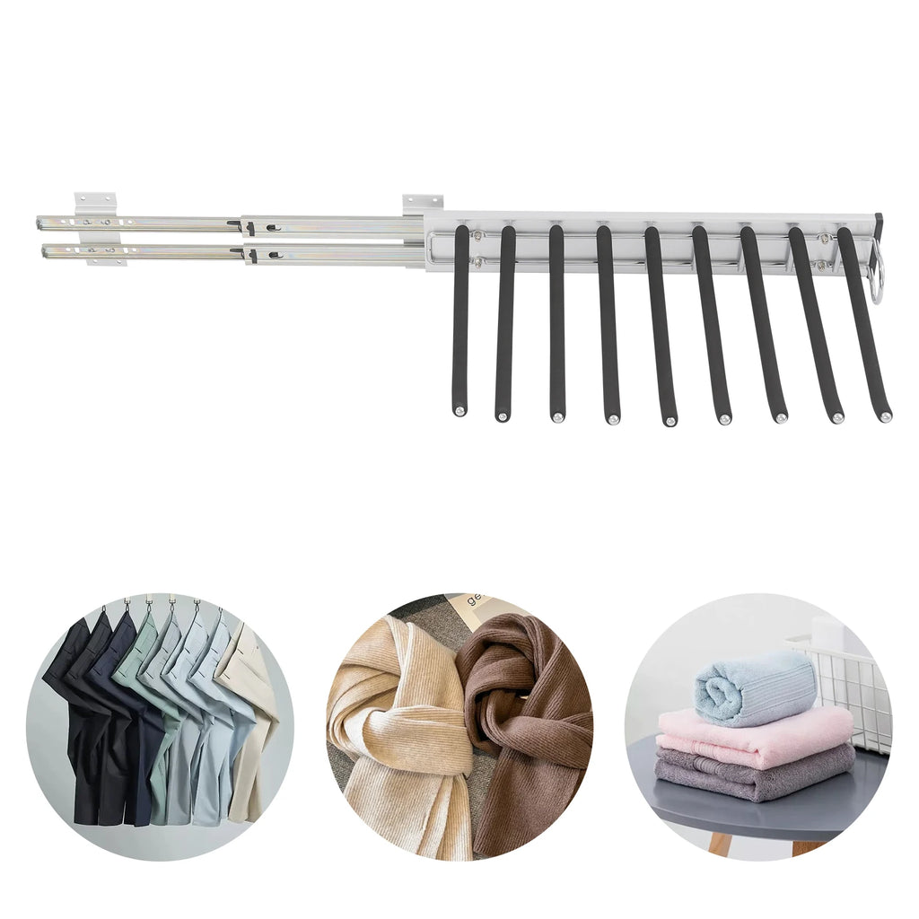 Pull Out Trousers Rack 9 Rods Retractable Wardrobe Pants Organizer Left/Right Wall Mount Space-Saving Closet Storage Rack
