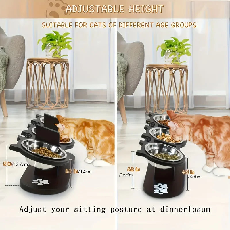3-Tier Elevated Cat Bowl with Support Stands Wood & Stainless Steel Adjustable 15-Degree Angle Stand Slanted Pet Food Bowl