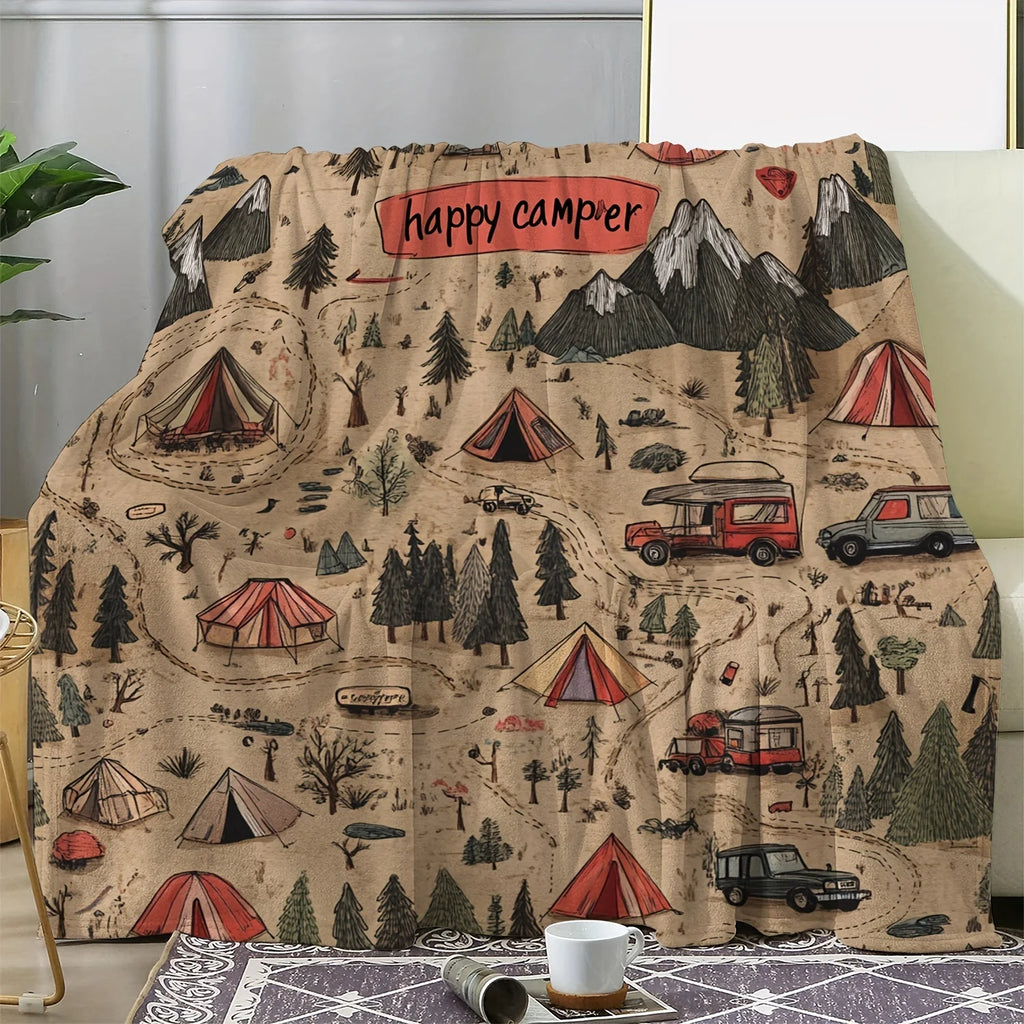 [Soft Vintage Route Mountain Blanket] Vintage Route Mountain and Car Printed Fleece Blanket: Warm, Comfortable, and Soft for Sof
