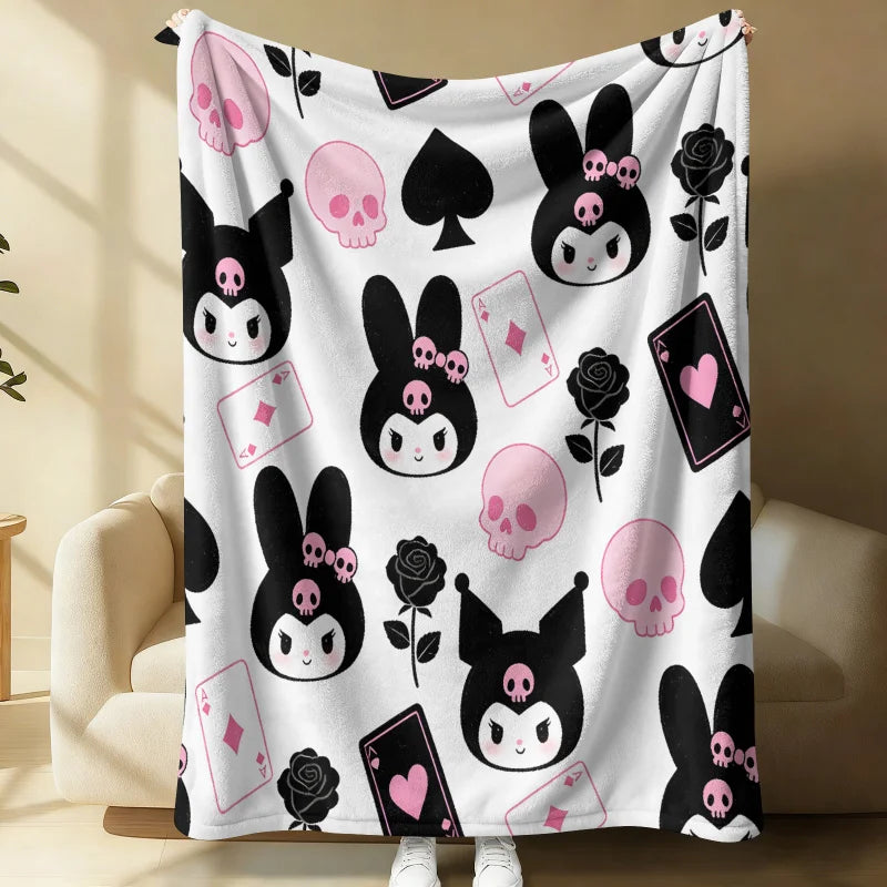 Kuromi Sanrio Flannel Throw Blanket Gothic Kawaii Card Skull Print Soft Warm Blanket for Girls Anime Home Decor Sofa Bed Blanket