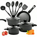 Black 13 Piece Kitchen Cookware Set Non-Stick Frying Pan, Soup Pot & Spoons, Induction Ready Cooking Set, Christmas Family Gifts