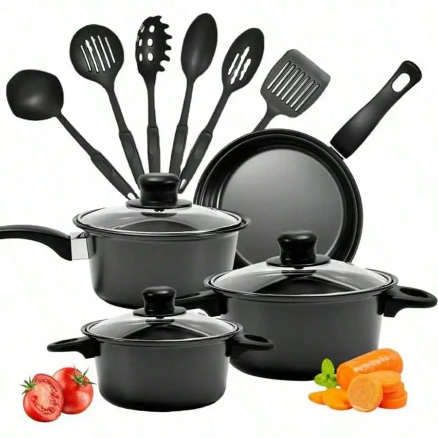 Black 13 Piece Kitchen Cookware Set Non-Stick Frying Pan, Soup Pot & Spoons, Induction Ready Cooking Set, Christmas Family Gifts