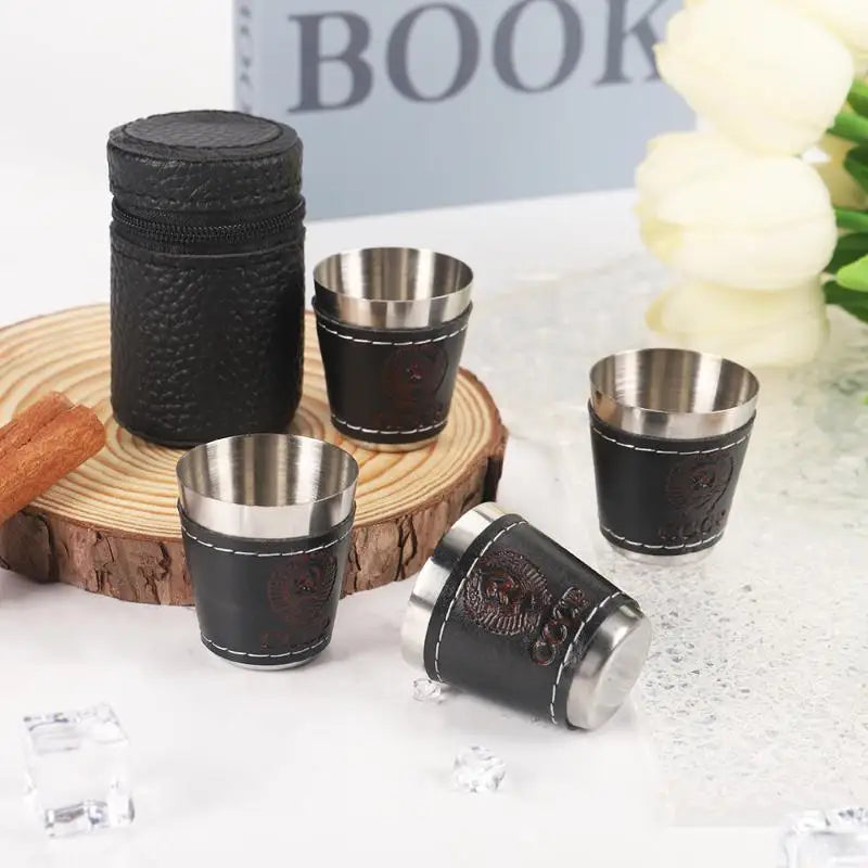 4Pcs/Set Travel Cups Stainless Steel Cup With PU Leather Portable Coffee Wine Beer Whisky Cup Camping Tableware Outdoor
