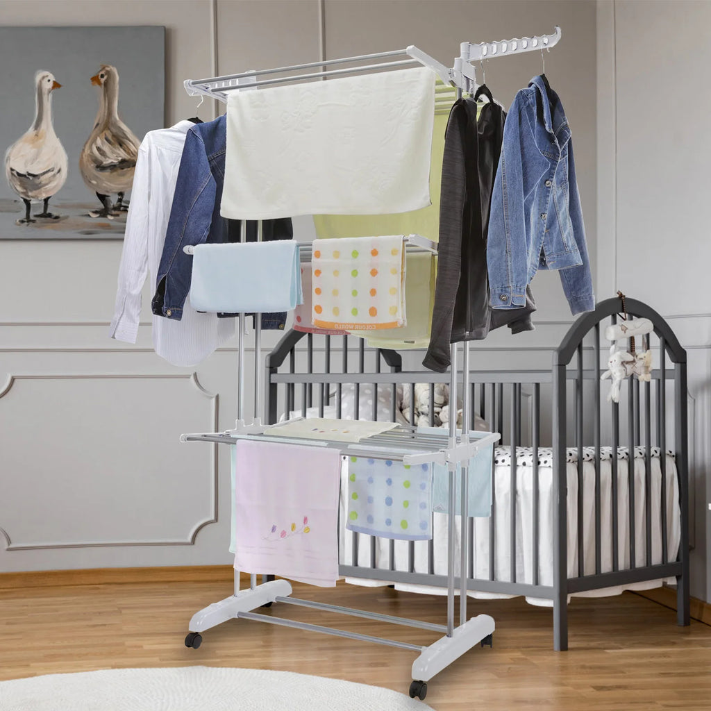 4-Tier Clothes Drying Rack Foldable Expandable Rack Large Movable with Wheels Space Saving Multi-functional Indoor & Outdoor