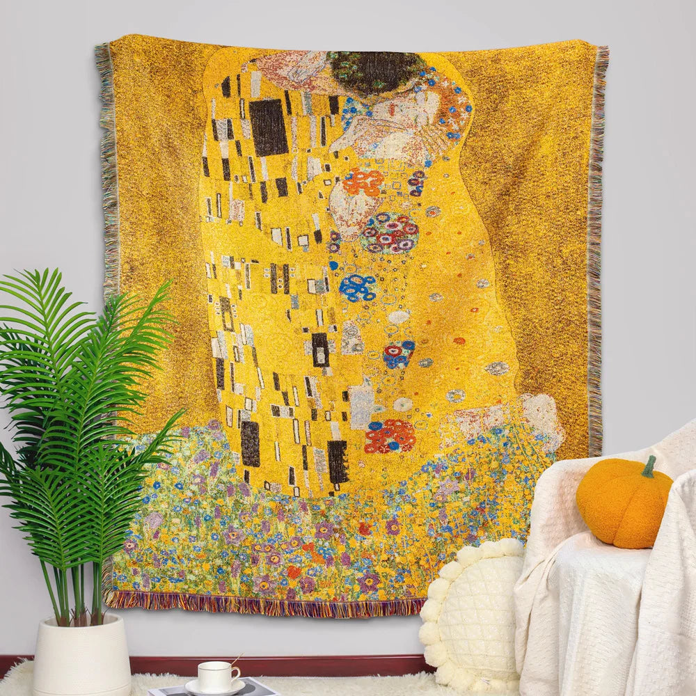 Gustav Klimt Art Pattern Cotton Fabric Blanket For Home Decoration Tapestry The Kiss Blankets Living Room Accessory Austria