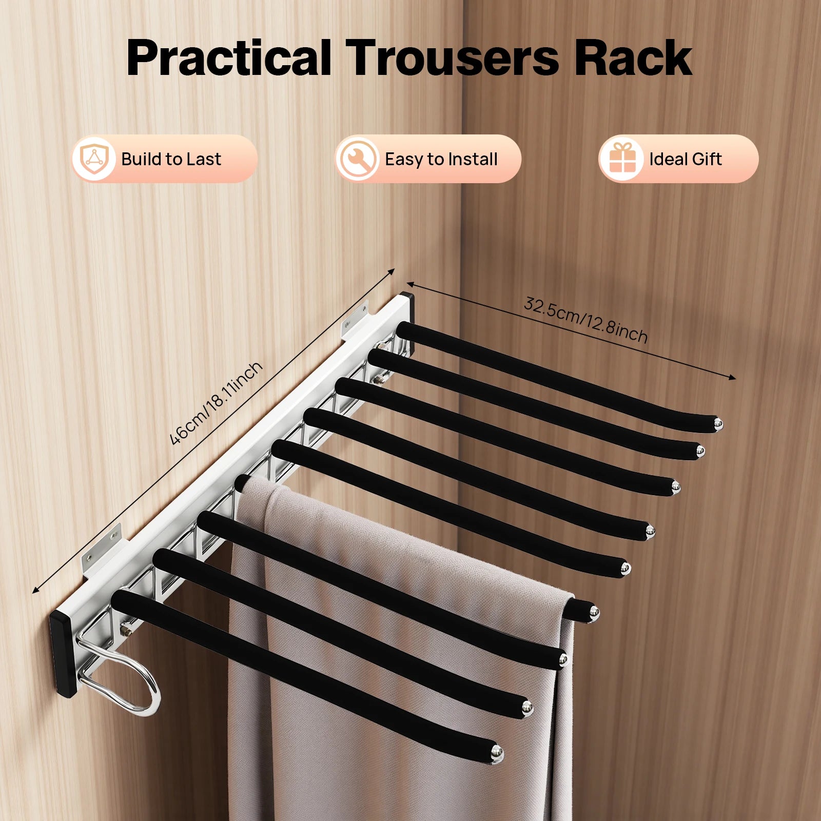 Pull Out Trousers Rack 9 Rods Retractable Wardrobe Pants Organizer Left/Right Wall Mount Space-Saving Closet Storage Rack