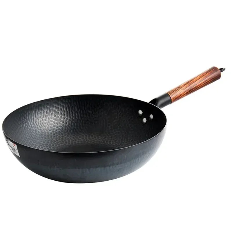 32cm Chinese Traditional Handmade 100% Iron Wok Thickening Non Coated Round Bottom Pan Wok Cook Large Cooking Pot with Wood Lid