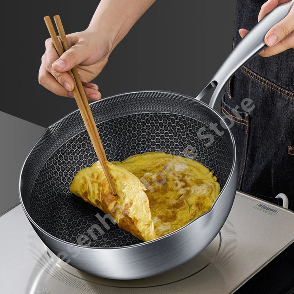 410 Stainless Steel Honeycomb Frying Pan Steak Cooking Non-Stick Pan Induction Cooker Universal Kitchen Cookware Flat Bottom Wok