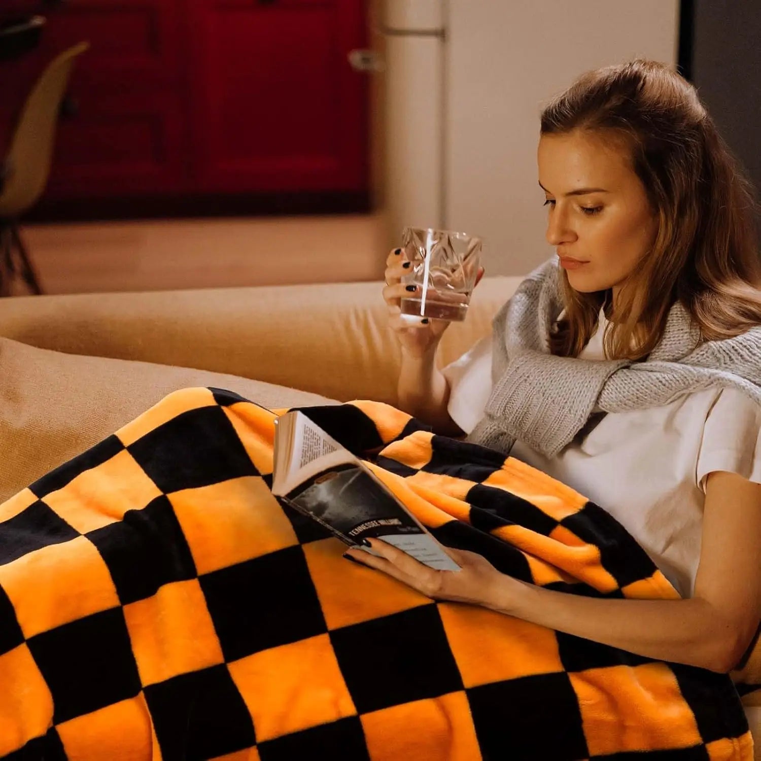 1PC Throw Checkerboard Black and Orange Flannel Blanket for Couch Bed Sofa Cozy Comfy Warm Halloween Decor for All Season