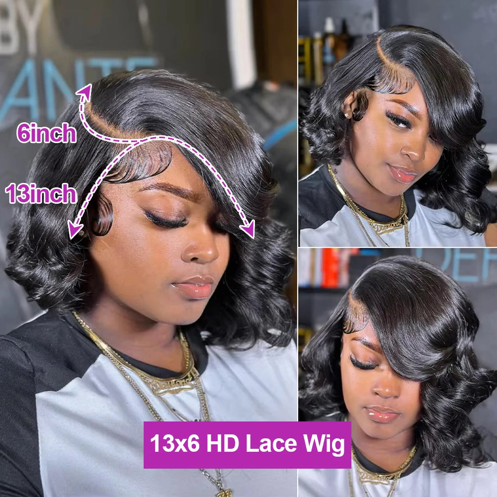 Wavy Glueless HD Lace Frontal Wig For Women Pre Plucked 250% Body Wave 13x6 Transparent Lace Front Human Hair Short Bob Wigs