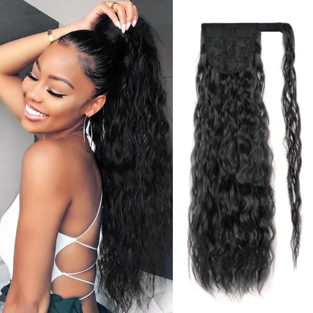 22inch Corn Wave Ponytail Extension Clip in Long Wavy Curly Wrap Around Pony Tail Heat Resistant Synthetic Hairpiece for Women