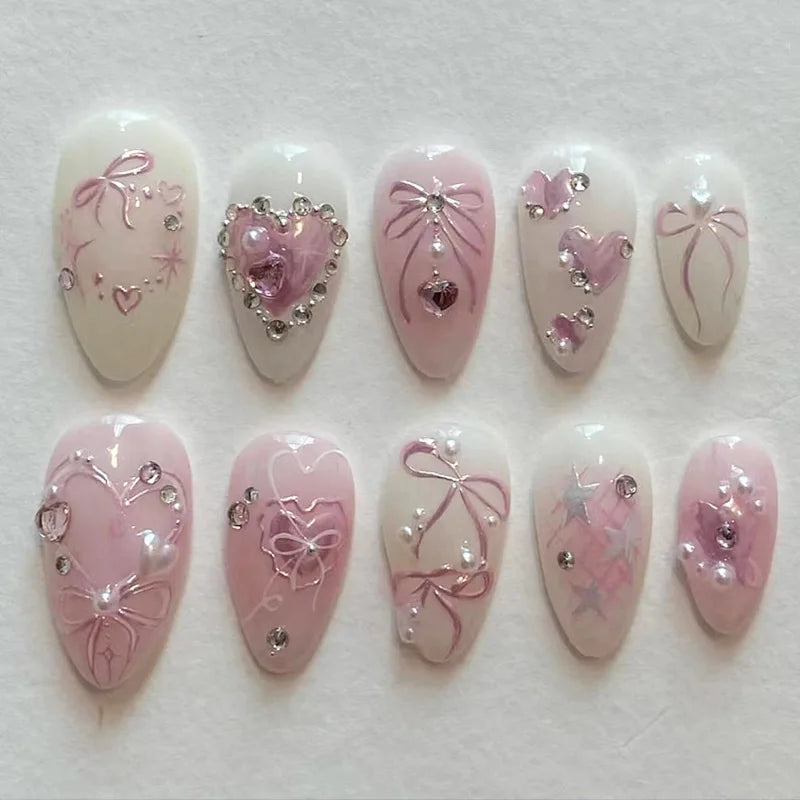 10pcs Sweet False Nail Patches Detachable Fake Nail Tips With Bowknots Love Heart Pearl Design Pink Almond Korean Press On Nail