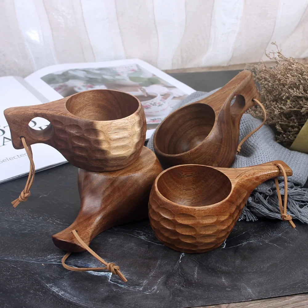Kuksa Portable Coffee Mug Rubber Wood Handle Two Hole Cowhide Rope Hook Juice Milk Tea Coffee Drinking Cup Drinkware