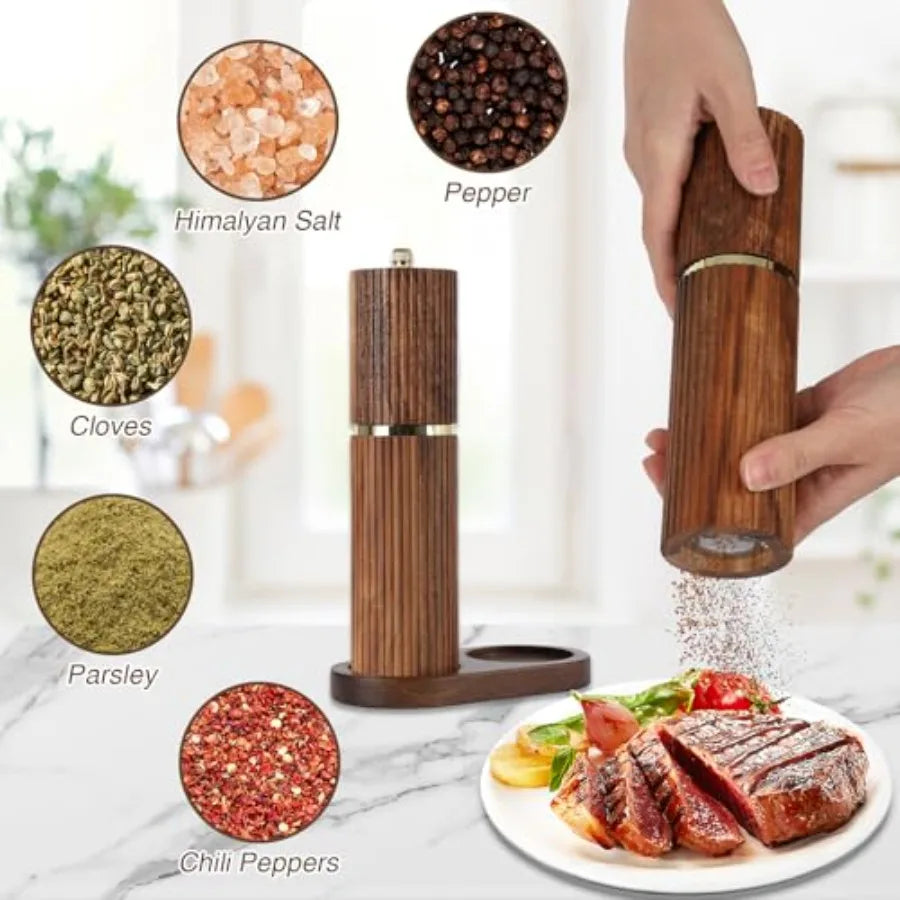 Refillable Wooden Salt and Pepper Grinder Set with Adjustable Coarseness Acacia Wood Pepper Mill Manual Matching Wooden Tray Bl
