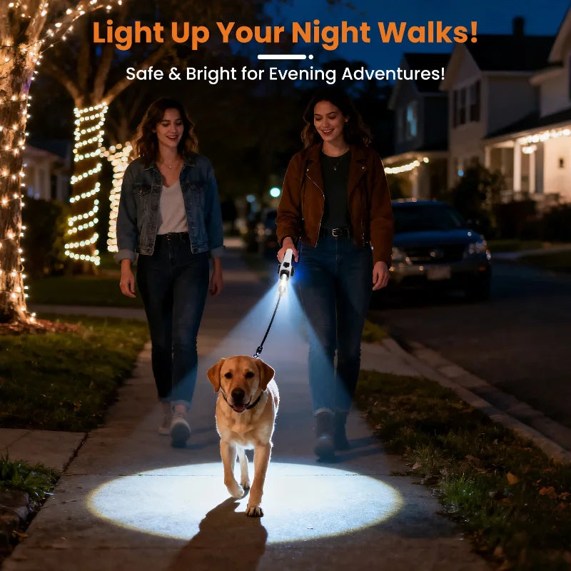 LED Retractable Dog Leash, Reflective & Tangle-Free with Poop Bag Holder for Night Safety, Black